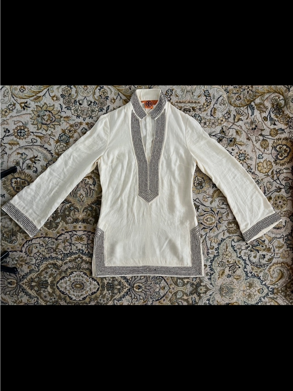 Tory Burch Linen Chrystal V-neck Tunic 8 M Read! Embellished $1,095 Top Blouse
